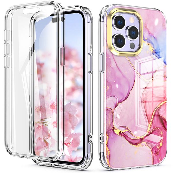 Coque de protection plein écran 360 pour iPhone, compatible modèles 14, 13 Pro MAX, 12, 11, XS, XR, 6, 8, 7 Plus, fleurs colorées en marbre, armure en silicone