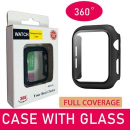 360 Case protector de pantalla completa IWatch 38 mm 42 mm 40 mm 44 mm 41 mm 45 mm 49 mm Cajas de parachoques PC Cajas duras con película de vidrio templado para ver el 5/4/3/2/1 Cubierta