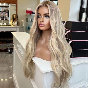 360 Sights Percères de cheveux humains blonds 613 Frontal pour les femmes Natural Wavy Hd Transparent en dentelle transparente Perruque sans glu
