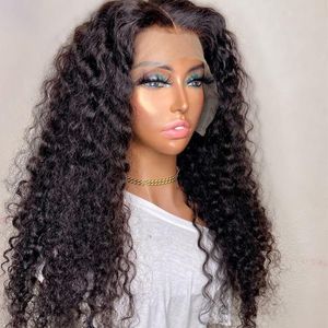 360 Lace Front Wig 26 pouces 180% Densité Noir Long Kinky Curly pour les femmes avec des cheveux de bébé Usage quotidien Fibre sans colle naturelle