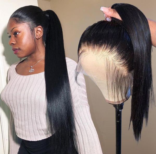 Pelucas de cabello humano con encaje Frontal 360 preenvasadas para mujeres negras peluca recta corta brasileña Frontal HD larga Remy cola de caballo de encaje completo 1508956