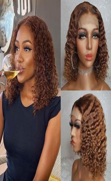 Perruque Lace Frontal Wig 360 synthétique couleur marron, cheveux crépus bouclés, courts, simulation de cheveux humains, pour femmes noires, 50821524044837