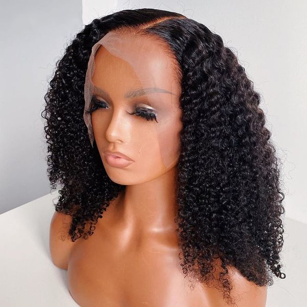 Perruque Lace Frontal Wig 360 synthétique, cheveux naturels crépus bouclés, courts, simulés, couleur noire naturelle, pour femmes