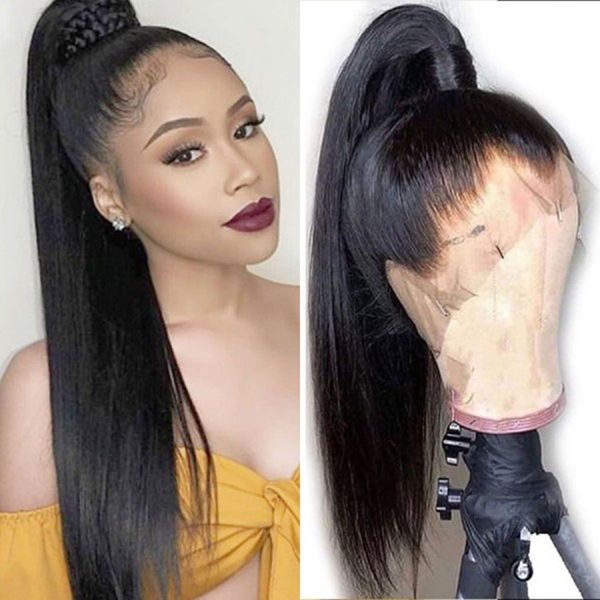 360 Lace Frontal Wig Pré plumé avec des cheveux de bébé longs Malaisiens Straight Lace Front Wigs cheveux synthétiques résistant à la chaleur pour les femmes noires