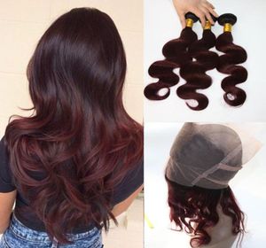 360 kant frontaal met bundels tweekleurige dip-dye bordeaux 99J body wave ombre menselijk haar weeft sluiting4725102