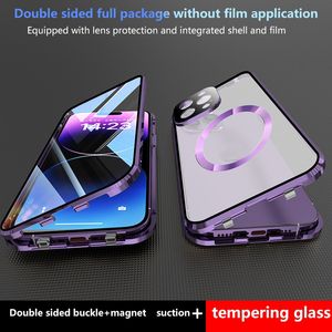 Coque magnétique en métal 360 pour iPhone, compatible modèles 14Plus, 13, 12, 11Pro Max, 15, 14Plus Pro Max, protection d'objectif