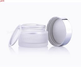 Pot de crème de maquillage en verre givré Transparent, 360 pièces, 15g 30g 50g, récipients avec capuchon argenté brillant UV et tampon blanc