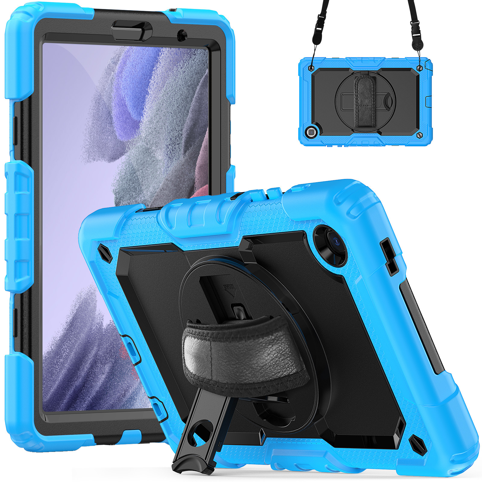 360 Rotertable Kickstand Protective Tablet Case för Samsung Galaxy Tab A7 Lite 8.7 T220 T225 Amazon Fire HD 8 Plus Handband axelband Tufft rustningskåpan