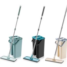 360 Roterende Platte Squeeze Mop Met Emmer Cleaning Wasvloer Mop 4/6 Stks Vervangbare Pads Wet Dry Gebruik Huishoudelijke keukengerei 211215