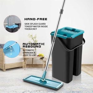 360 Rotation main libre plat Squeeze Mop avec seau lavage de sol nettoyage tampons en microfibre utilisation sèche et humide outils de cuisine à domicile 211215