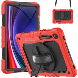 Estuches para tabletas con soporte y empuñadura giratoria 360 para Samsung Galaxy Tab S9 X710 iPad Pro 11 10 10th Gen 10.2 Air 5 4 Cubierta de armadura resistente para trabajo pesado con correa para el hombro larga