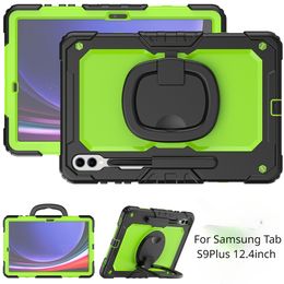 360 draaibare handgreephoes voor Samsung Galaxy Tab S9 Plus 2023 12,4 inch S9+ S9FE+ siliconen pantserhoes kinderen schokbestendig trekring schouderriem standaard tablethoes