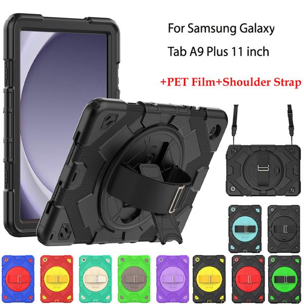 Étui avec dragonne avec béquille rotative à 360 ° pour Samsung Galaxy Tab A9 Plus 11 pouces A9plus, housse de protection hybride robuste pour tablette, étuis antichoc pour enfants avec film PET d'écran