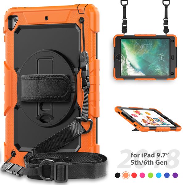 Funda con correa de mano con soporte giratorio 360 para iPad 9.7 Pro 9.7 pulgadas Air 2 Funda de silicona resistente a prueba de golpes Fundas para iPad para niños con protector de pantalla Correas para los hombros