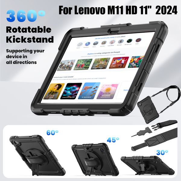 Étui avec dragonne avec support rotatif à 360 ° pour Lenovo Tab M11 HD 11 pouces 2024 TB330FU TB331FC, robuste, résistant aux chocs, sans danger pour les enfants, PC + étuis en silicone, bandoulière + film PET pour écran