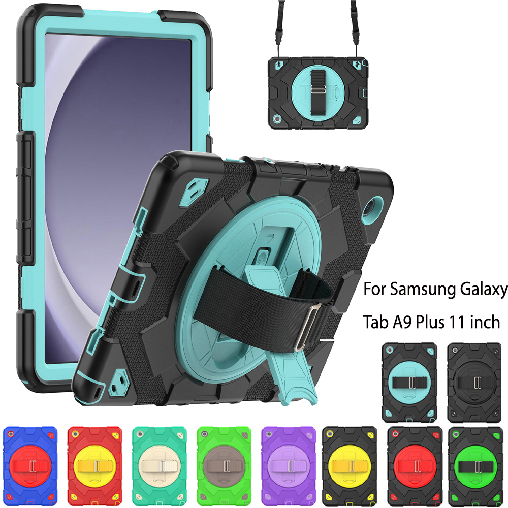 360 Rotating Stand Hand Strap Case For Samsung Galaxy Tab A9 8.7 Plus 11 inch A9plus Hybrid Armor Protective Tablet Cover Kids Shockproof Cases With PET Screen Film