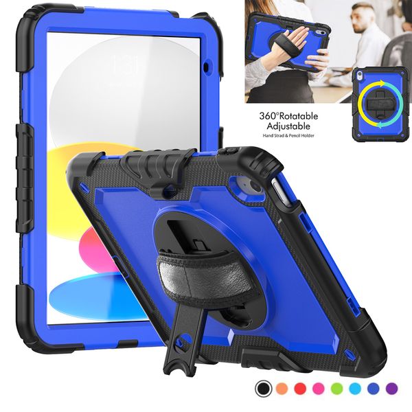 Funda para tableta con función atril y correa de mano con rotación de 360 ​​grados para iPad de 10.a generación de 10,9 pulgadas, resistente, resistente, segura para niños, cubierta de silicona a prueba de golpes con pantalla, película PET + correa para el hombro