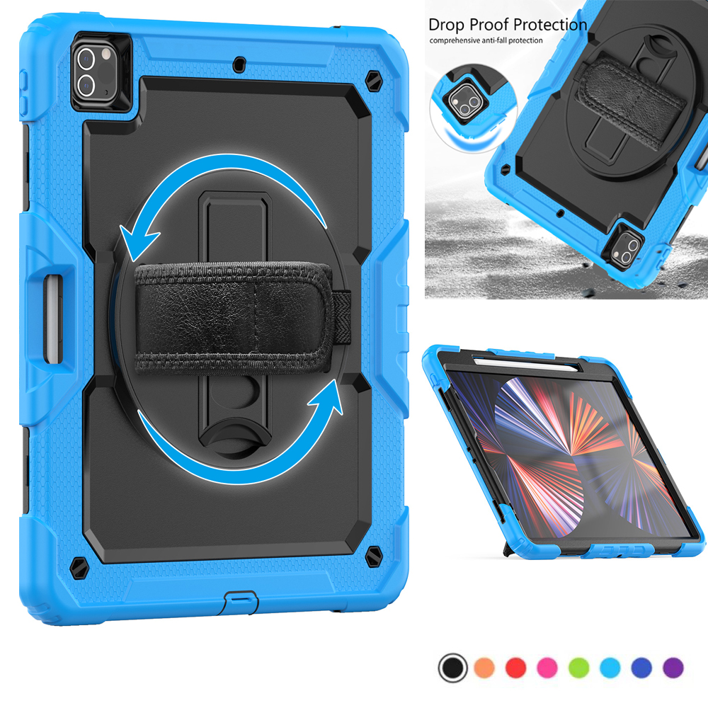 360 Rotation Hand Strap Stand Case For iPad Pro 12.9 inch 12.9" Heavy Duty Armor Shockproof Silicone Full Body Protective Tablet Cover Cases With Pen Holder