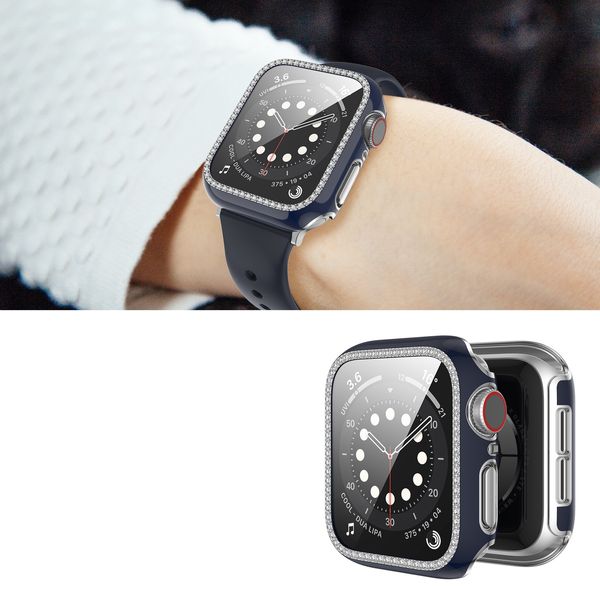 360 protecteur d'écran bling étui pour Apple Watch 6 44mm 42mm 40mm 38mm iWatch placage diamant verre trempé Film housses