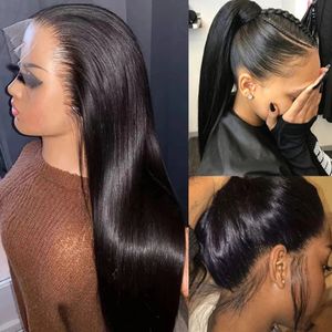 Pelucas frontales de encaje transparente 360, pelucas de cabello humano Remy brasileño prearrancado liso 13x4 con encaje Frontal para mujeres negras, cabello brillante