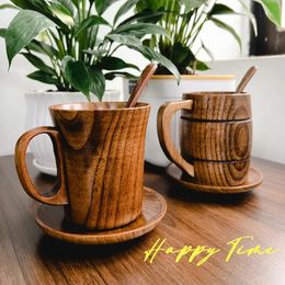 360 ml de alimentos vintage tazas de madera de agua roja con bandeja y cuchara para el oficina domicilio de agua Beer Beer Beer Tarde Coffee Taza 240418