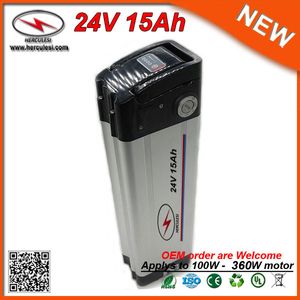 360W 24V 15Ah E vélo batterie avec boîtier en aluminium de poisson d'argent utilisé 3.7V 2.5Ah 18650 cellule 15A BMS + 2A Chargeur LIVRAISON GRATUITE