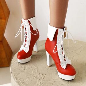 363 Pxelena Boots Elegant Knot Bow Princess Dress Party Mariage de soirée Cosplay Femmes High Heels Lace Up Winter Shoes Red 58