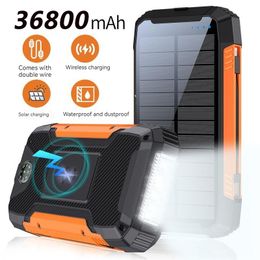 36800mAh Banque d'alimentation solaire sans fil Chargeur rapide extérieur Powerbank Charge de batterie externe Smartphone led lumière Câbles intégrés