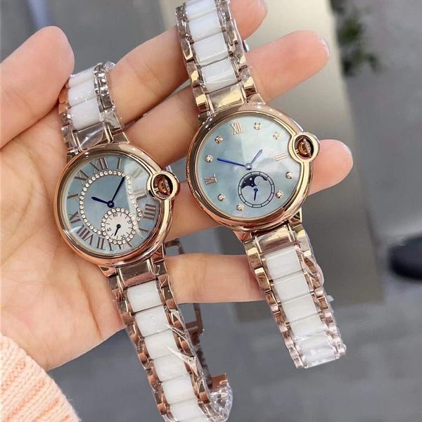 Relojes de fase lunar geométricos clásicos de 36 mm, cronómetro de cuarzo con circonita para mujer, reloj con Número romano, esfera circular de nácar para mujer, blanco