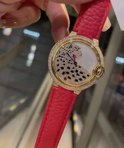 36mm plein diamant émail léopard montre-bracelet femmes géométrique panthère montres à quartz femme rouge en cuir véritable montre blanc nacre cadran dame horloge