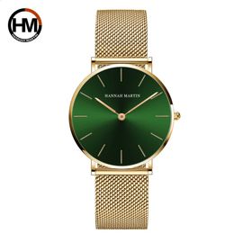 36 mm Cara verde Esfera dorada Movimiento de cuarzo japonés Relojes de pulsera para mujer Malla de acero inoxidable Relojes de mujer impermeables ultrafinos 240123