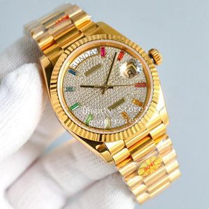 Reloj de 36 mm Relojes para hombres Hombres Automático Cal.2834 Movimiento Eta Pave Rhinestone Dial Presidente Hora Día Fecha 128348 Relojes de pulsera de oro amarillo