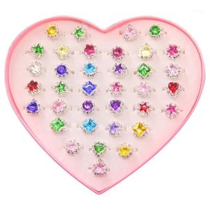 36 stuks kleurrijke strass edelstenen ringen in doos verstelbare kleine meisje juweel ringen in doos kinderen kinderen kleine meisje cadeau pre12118