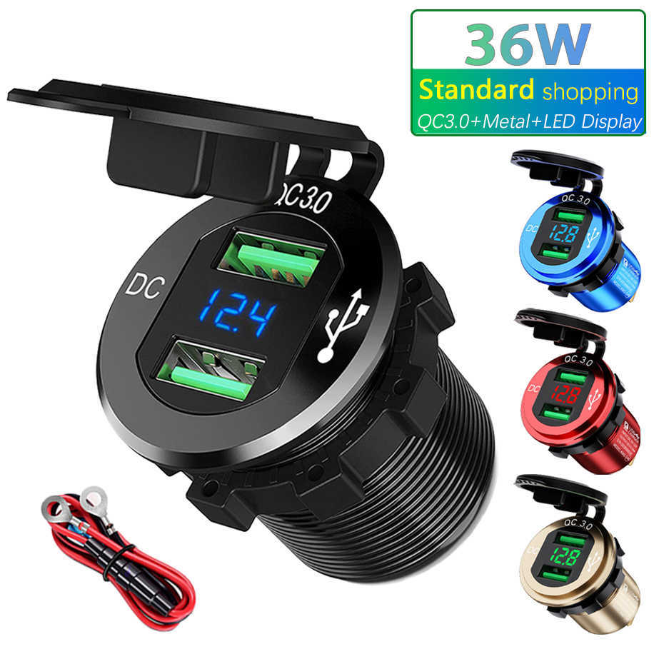 36W 12V/24V Metal USB Charger Socket QC3.0 LED Display Waterproof Universal Motorcycle Truck Car Lighter Socket Plug For Phone