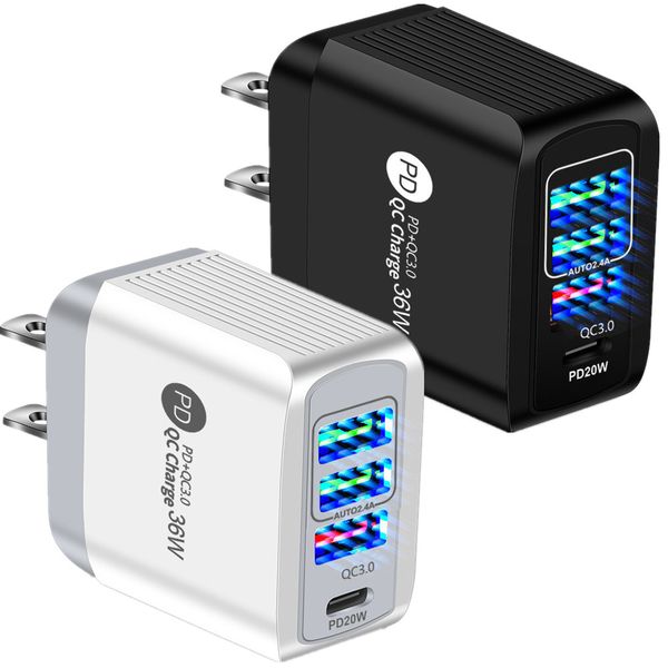 Chargeurs rapides 36W 4 ports QC3.0 PD Type C USb C Chargeur mural AC Home Travel EU US Adaptateurs pour iPhone 14 15 Samsung Tablet PC Téléphone Android