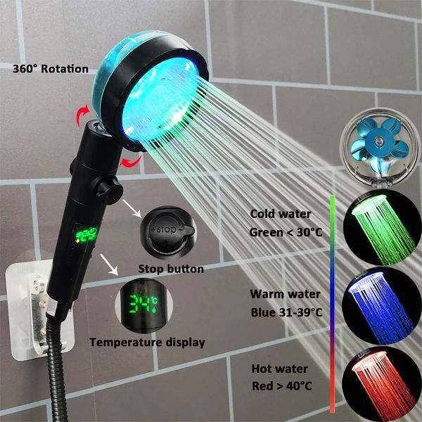 37 cambios de colores Pantalla de temperatura Cabezal de ducha LED Turbo Fan Hélice Cabezal de ducha filtrado Una tecla Parada Accesorios de baño 240122