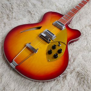 370 6-snarige Cherry Sunburst Fire Glo semi-holle elektrische gitaar Single F-gat Checkerboard binding Gouden slagplaat Glanslak toets Driehoeksinleg