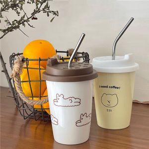 Tasses à café coréennes Kawaii de 370ml, avec couvercle en paille, tasse de petit déjeuner personnalisée en céramique, tasse d'eau de voyage Portable et créative, cadeau