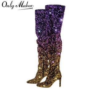 373 Onlymaker over glittery vrouwen De kniegradiënt kleur pailletten puntige teen stiletto vrouwelijke laarzen 231219 5