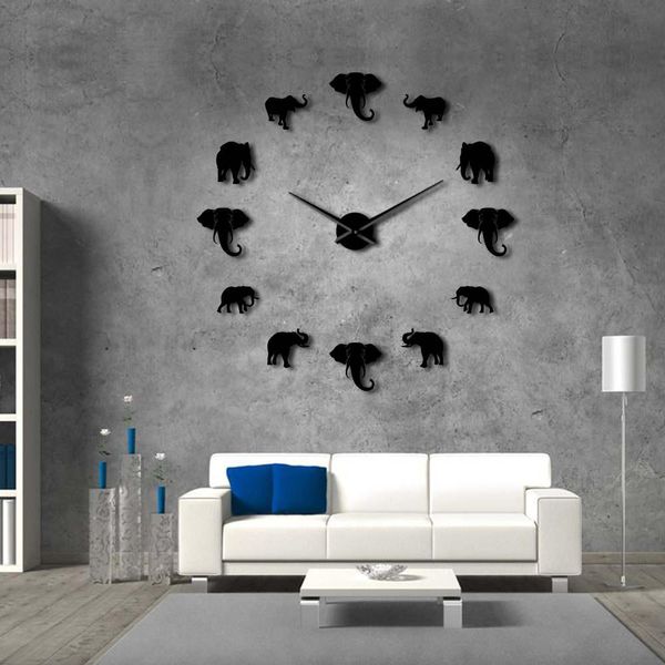 37 pouces Animaux de la jungle éléphant bricolage grande horloge murale décor à la maison design moderne effet miroir éléphants géants sans cadre bricolage horloge montre