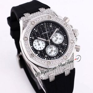 37 mm 26231 Miyota Quartz Chronographe Dames Montre Femme Acier Diamants Boîtier Noir Blanc Texture Cadran Bâton Marqueurs Bracelet En Caoutchouc Chronomètre Puretime A04c3