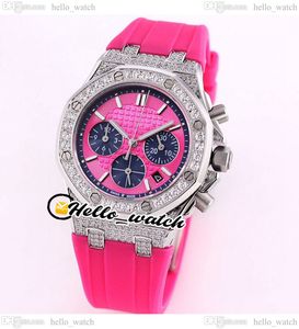 37 mm 26231 Miyota Quartz Chronograph Womens Watch Rose Red Texture Dial Blue Inner Stopwatch staal Diamond rubber mode dame horloges hellowatch