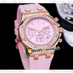 37 mm datum 26231 Miyota Quartz Chronograph Dames Watch Pink Texture Dial Stopwatch Rose Gold Case Diamond rubberen rubberriem fashi2625