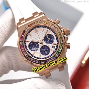 37 mm quartz chronograaf dameshorloge 26236 roségouden kast witte wijzerplaat paarse subdial regenboog diamanten bezel witte rubberen band Watch168K