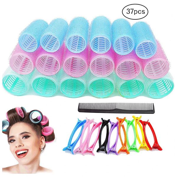 37 Uds. Juego de rulos para el cabello con autoagarre, rizadores de pelo de tamaño Jumbo, sin calor, salón de bricolaje, peluquería, rizador, herramienta de peinado con clips, peine 240119