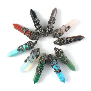 Fashion Natural Stone Pendant Rose Rose Hexagonal Prism Bullet Quartz Point Crystals Crystals Chakra Cross Heart Charm pour le collier Bijoux