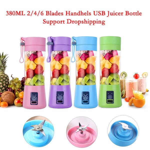 380ml 6 Lames Mini Portable Électrique Fruit Juicer USB Rechargeable Smoothie Maker Blender Machine Sport Bouteille Juicing Cup DHL gratuit