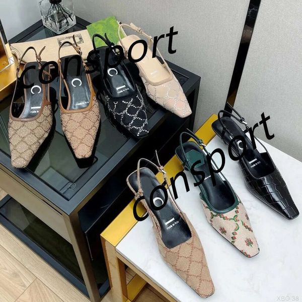 38A Sandales de créateurs 34 42 Chaussures à lacets peu profondes Filles G Slingback Pompe Talons hauts Cristaux de maille à talon moyen Étincelant Imprimé Caoutchouc Cuir Été Bride à la cheville Pantoufle