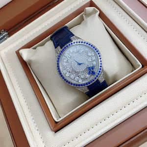 38mm marque de mode en cuir véritable horloge plein diamant bleu CZ cadran montre papillon fleur mobile montre-bracelet dame montres AAA +