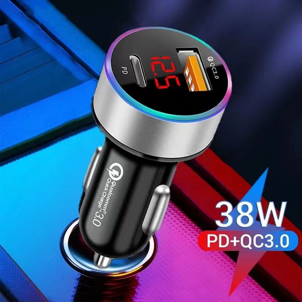 Cargador de coche USB 38W PD pantalla LED 6A carga rápida 3,0 QC3.0 carga rápida USB tipo C cargadores de teléfono para iPhone Samsung Huawei Xiaomi